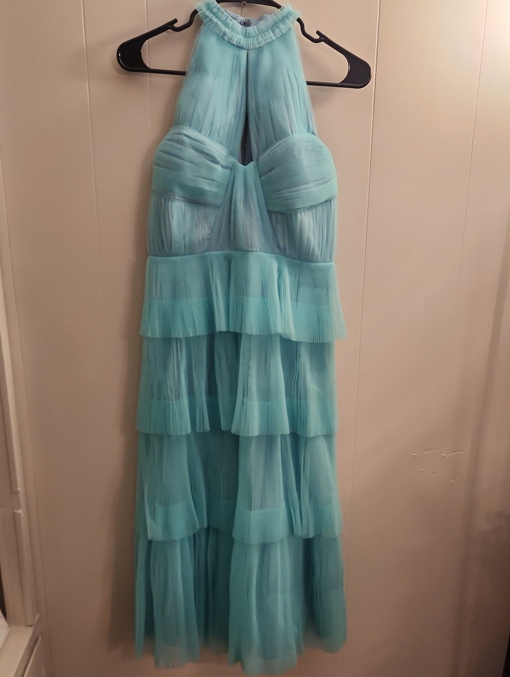 J. Mendel Aqua Halter Tiered Chiffon High-Low Gown
